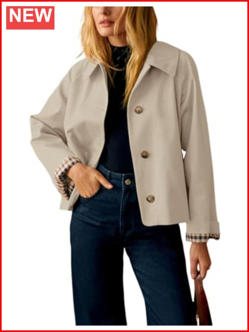 Women's Oversized Trench Coat with Plaid Lining, Casual Cropped Jacket